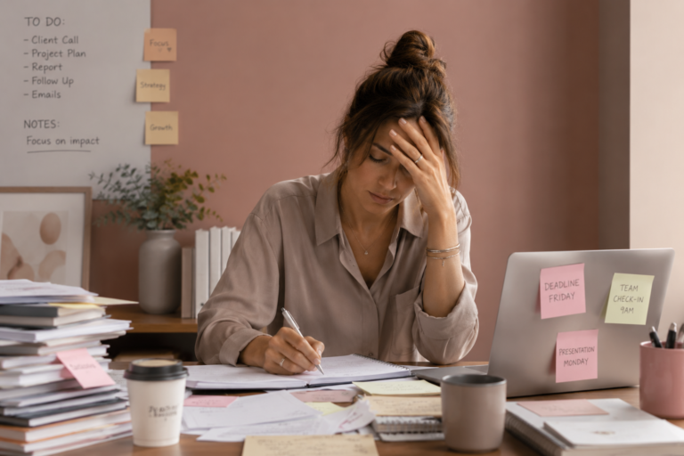 overwhelmed woman in her office