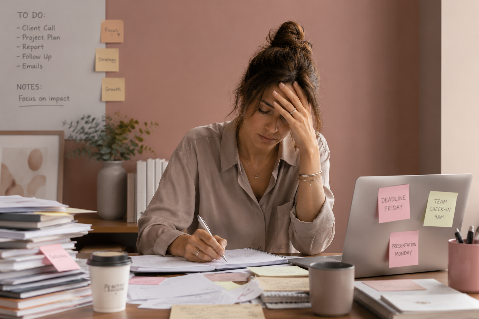 overwhelmed woman in her office