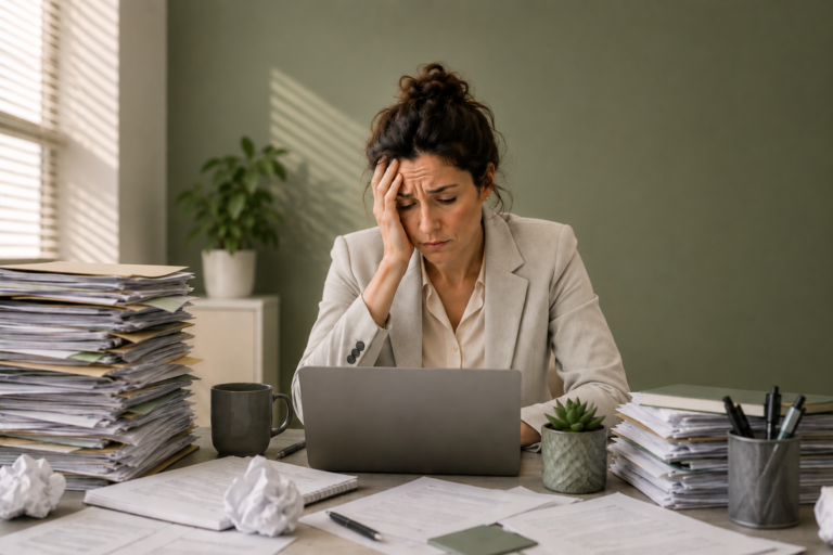 stressed out woman surrounded by work